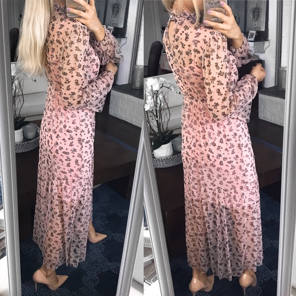 🆕BLUSH FLORAL FISHNET HIGH NECK LONG SLEEVE DRESS - Picture 4 of 11